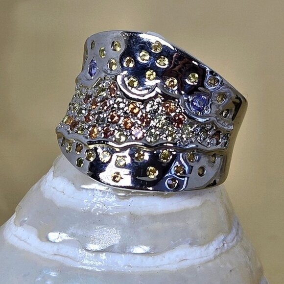 925 Sterling‎ Silver Ring Siz 7.5 with Natural Yellow Sapphire & Tanzanite Gems - Picture 7 of 10